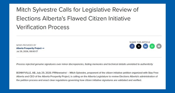 Article | Mitch Sylvestre Calls for Legislative Review of Elections Alberta's Flawed Citizen Initiative Verification Process by Alberta Prosperity Project