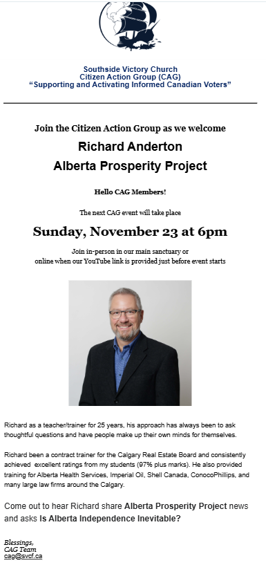 Event | Citizen Action Group - Alberta Independence Talk with Richard Anderton by the Citizen Action Group | Southside Victory Church Calgary Guest Speaker Richard Anderton | Alberta Prosperity Project
