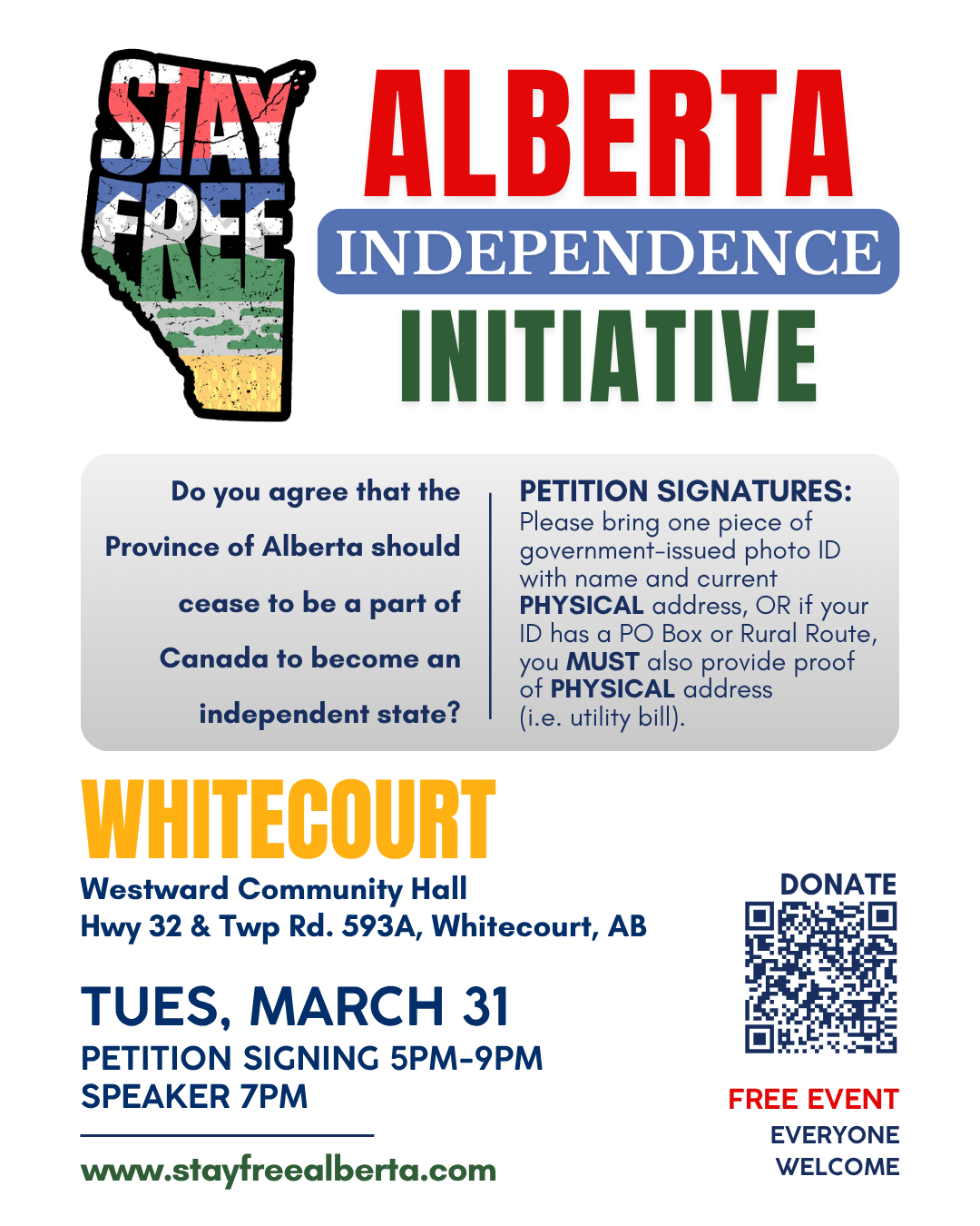 Townhall & Signing Event | Tuesday, March 21 | Whitecourt | Stay Free Alberta