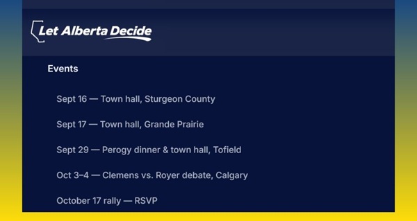 Events - Townhalls & Rally | September 16 to October 17 | Let Alberta Decide