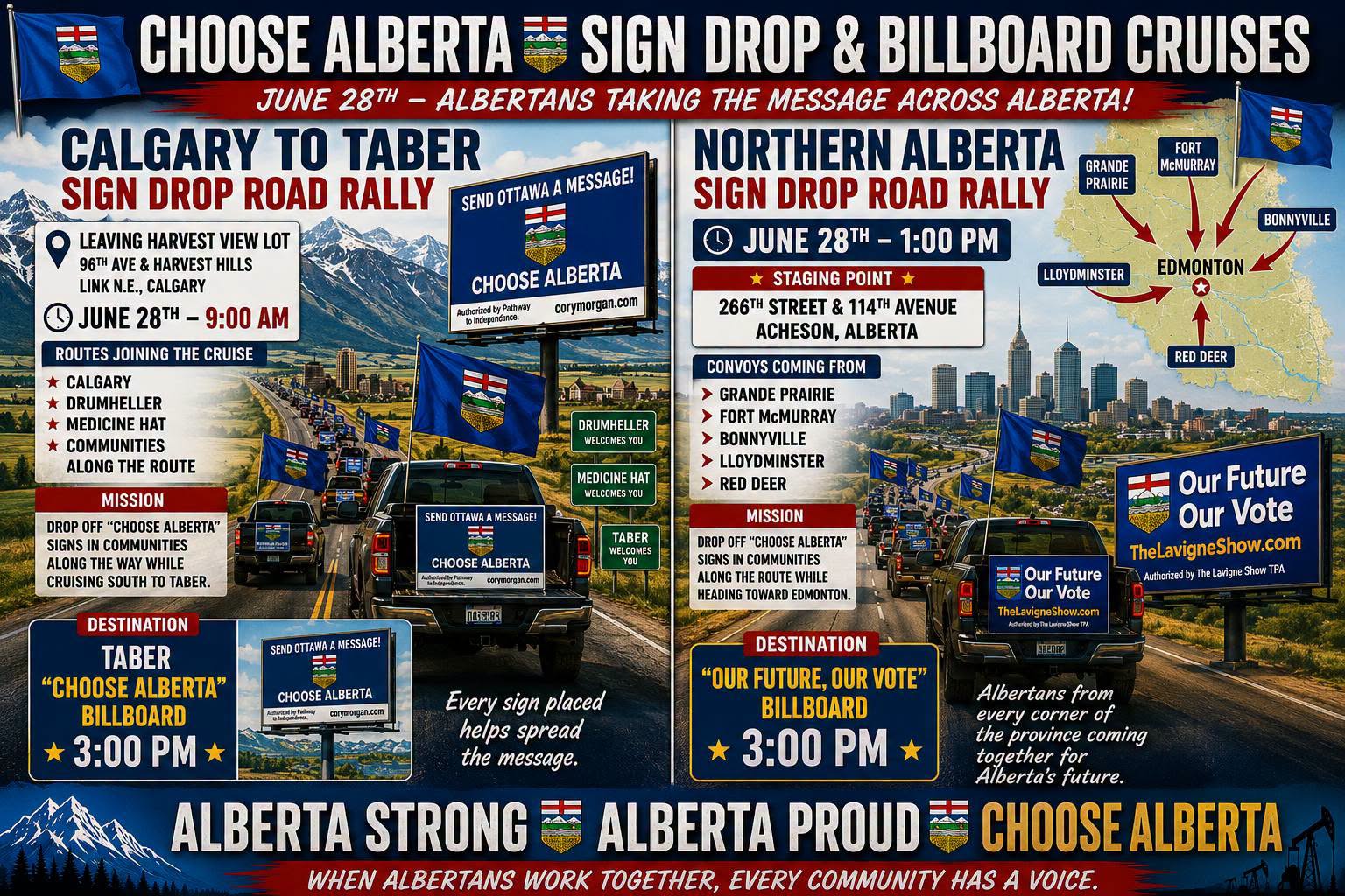 Events | Calgary to Taber & Northern Alberta | Sunday June 28 | Sign Drop & Billboard Cruises by Cruise to Alberta Independence