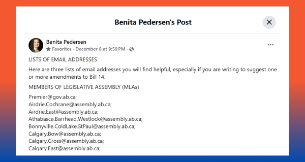 Post | Lists of Email Addresss - Write if you have suggestions for amendments for Bill 14 by Benita Pedersen